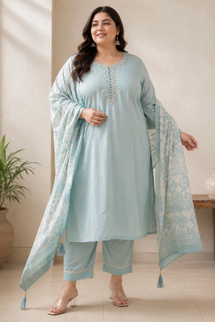 Sky Blue Plus Size Embroidered Kurti Set with Printed Dupatta | Women's Ethnic Wear | Sizes 46