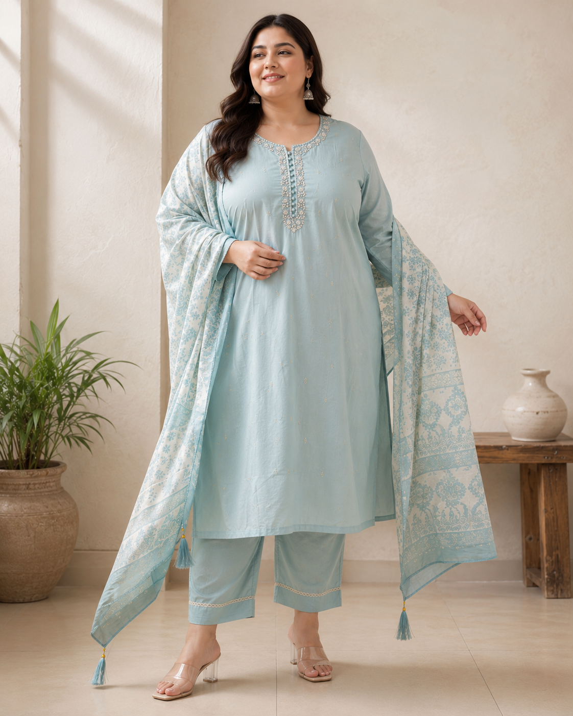 Sky Blue Plus Size Embroidered Kurti Set with Printed Dupatta | Women's Ethnic Wear | Sizes 46