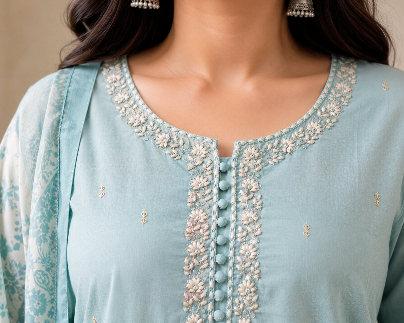 Sky Blue Plus Size Embroidered Kurti Set with Printed Dupatta | Women's Ethnic Wear | Sizes 46