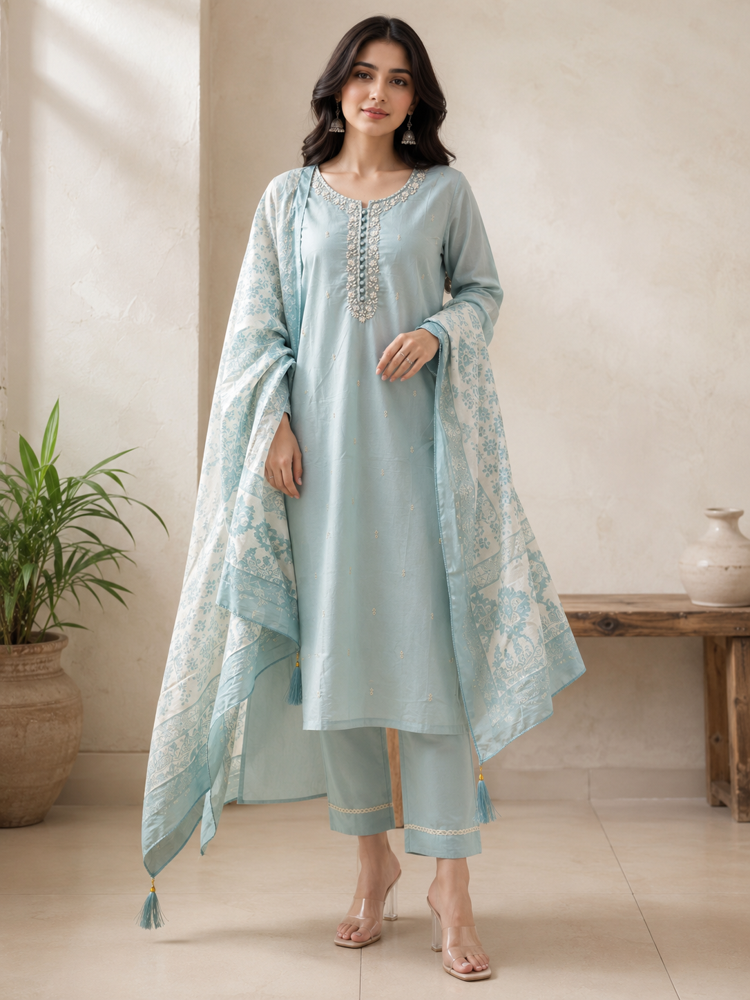 Sky Blue Plus Size Embroidered Kurti Set with Printed Dupatta | Women's Ethnic Wear | Sizes 46