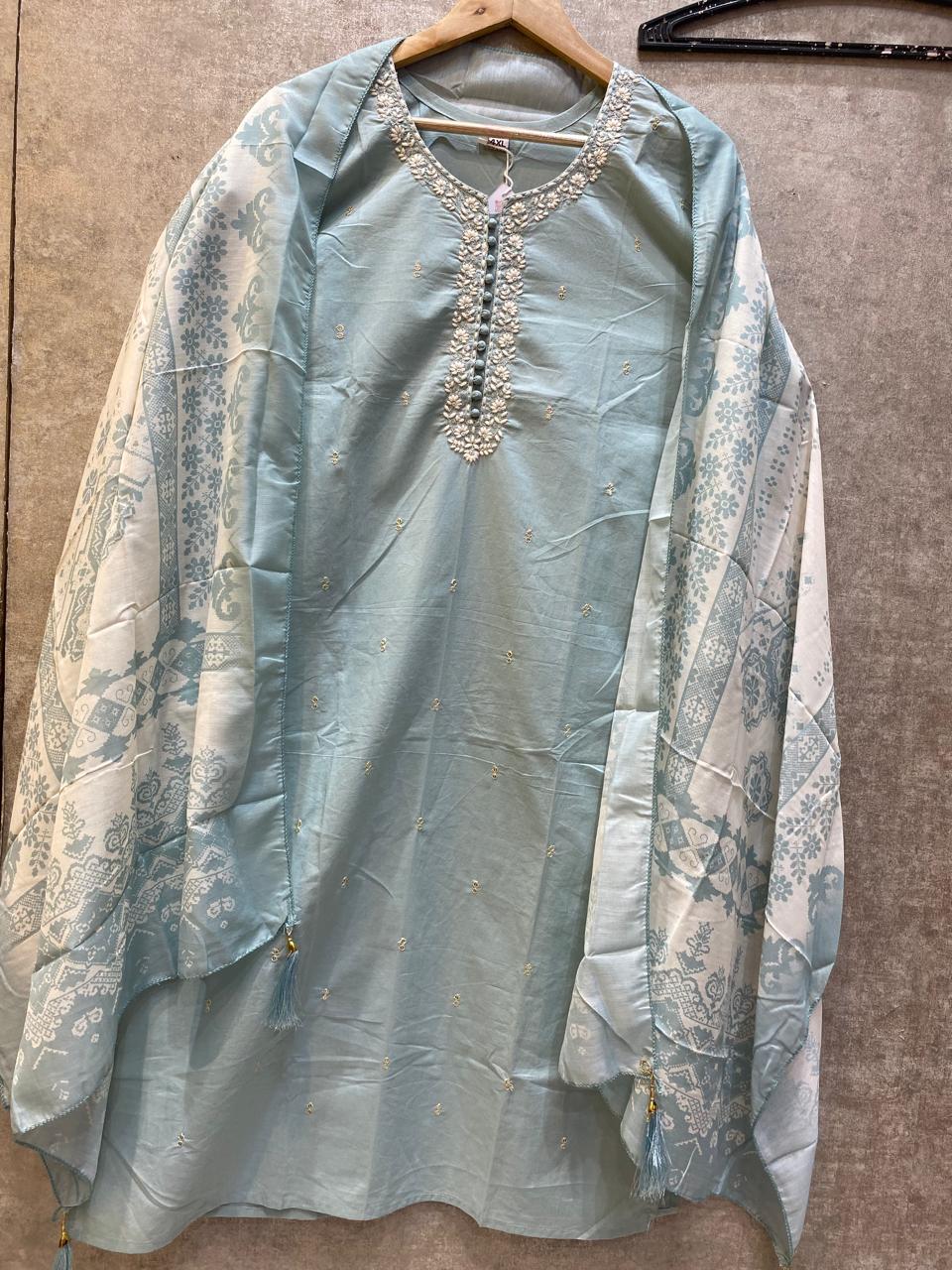 Sky Blue Plus Size Embroidered Kurti Set with Printed Dupatta | Women's Ethnic Wear | Sizes 46