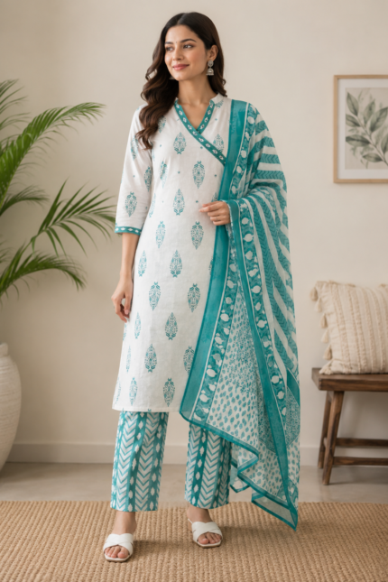 White & Turquoise Blue Printed Cotton Kurta Pant Set with Dupatta for Women | Elegant Ethnic Wear