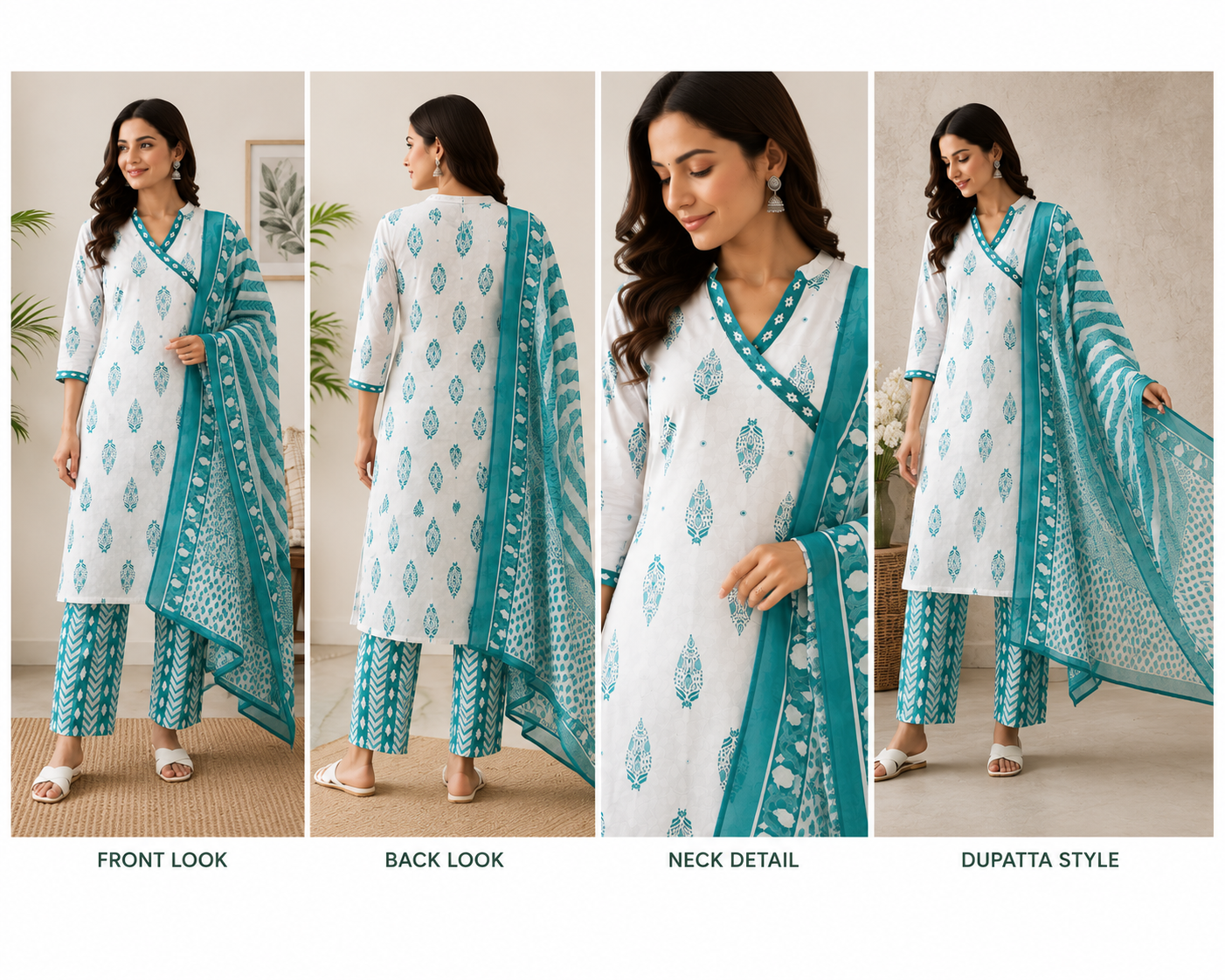 White & Turquoise Blue Printed Cotton Kurta Pant Set with Dupatta for Women | Elegant Ethnic Wear