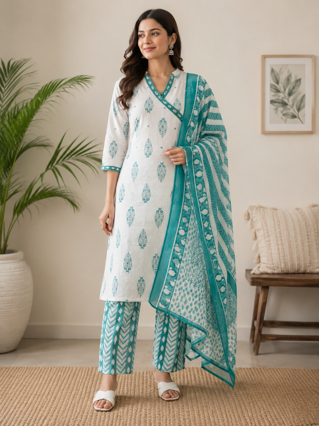 White & Turquoise Blue Printed Cotton Kurta Pant Set with Dupatta for Women | Elegant Ethnic Wear