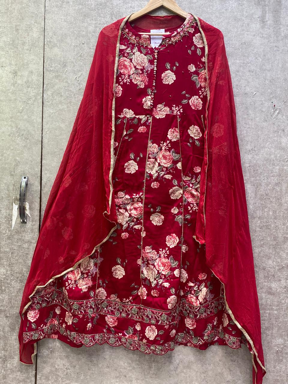 Wine Red Floral Printed Anarkali Suit Set with Dupatta for Women | Designer Festive Ethnic Wear