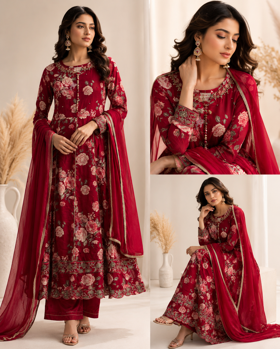 Wine Red Floral Printed Anarkali Suit Set with Dupatta for Women | Designer Festive Ethnic Wear