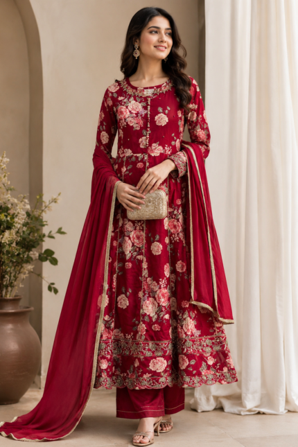 Wine Red Floral Printed Anarkali Suit Set with Dupatta for Women | Designer Festive Ethnic Wear