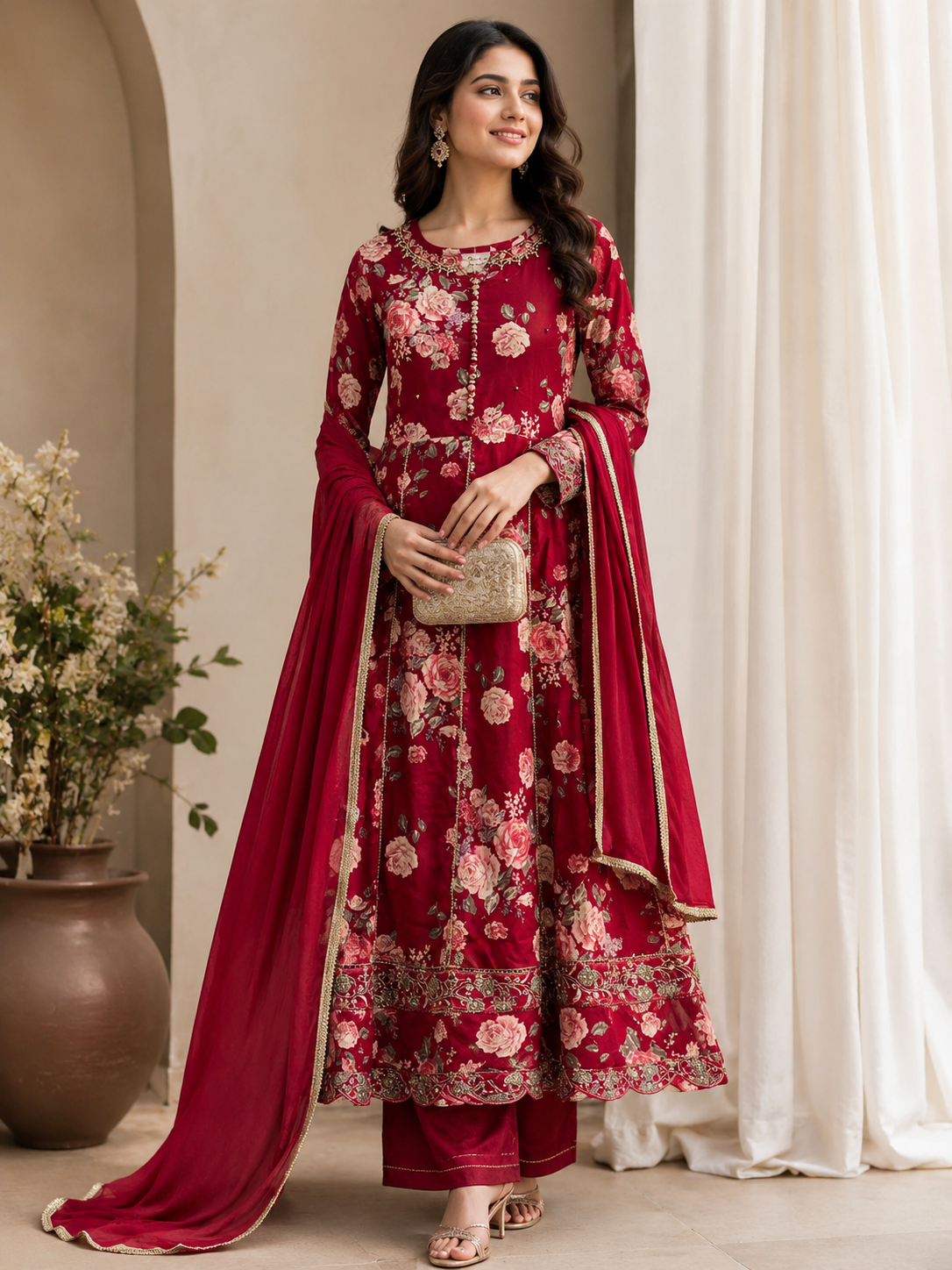 Wine Red Floral Printed Anarkali Suit Set with Dupatta for Women | Designer Festive Ethnic Wear