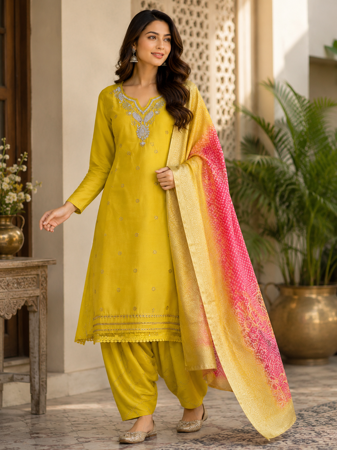 Women's Yellow Cotton Embroidered Kurta Set with Bandhej Dupatta | Plus Size Ethnic Wear (Size 46)