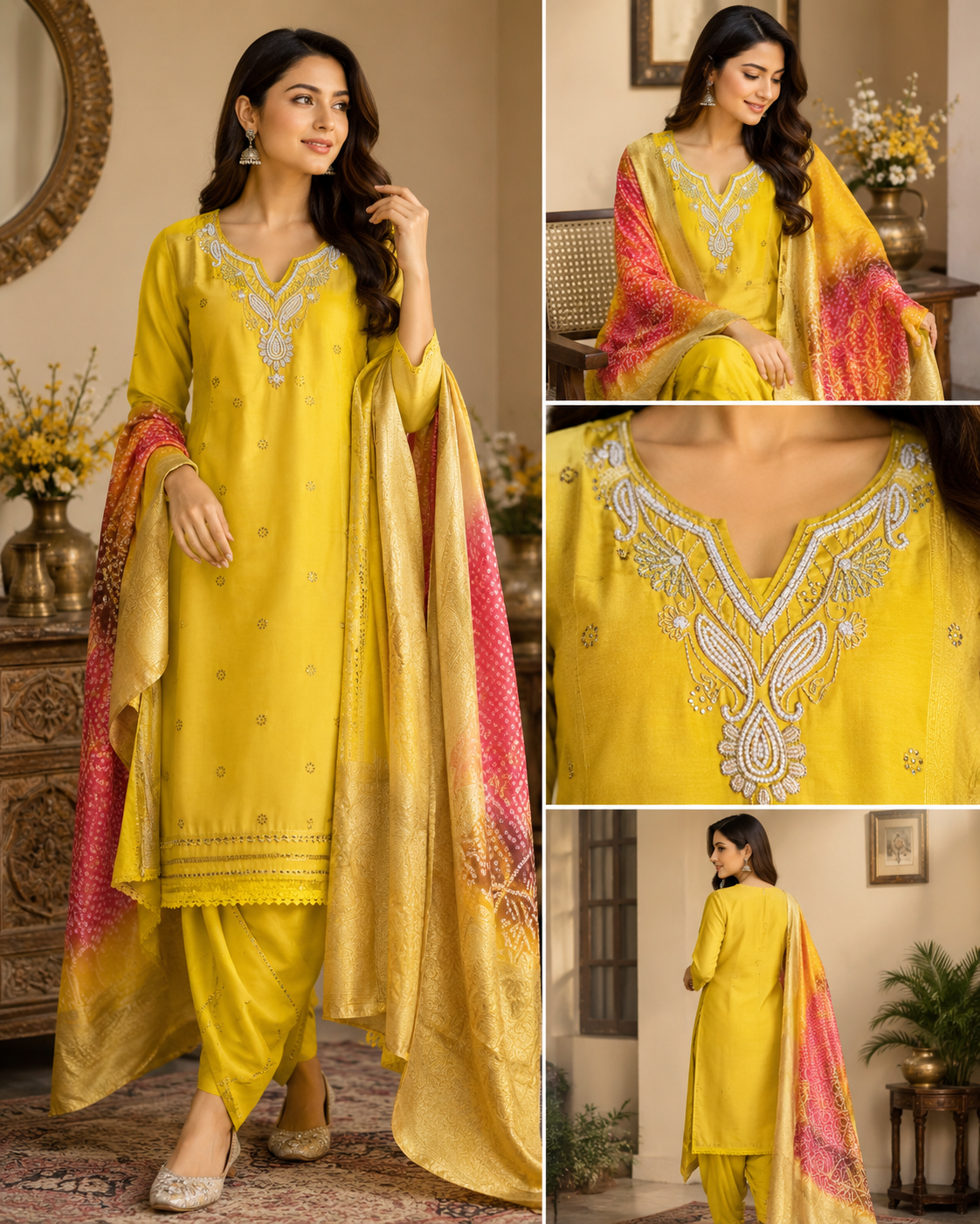 Women's Yellow Cotton Embroidered Kurta Set with Bandhej Dupatta | Plus Size Ethnic Wear (Size 46)