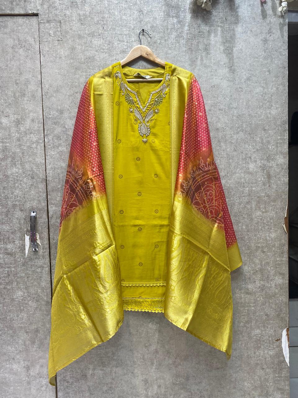 Women's Yellow Cotton Embroidered Kurta Set with Bandhej Dupatta | Plus Size Ethnic Wear (Size 46)