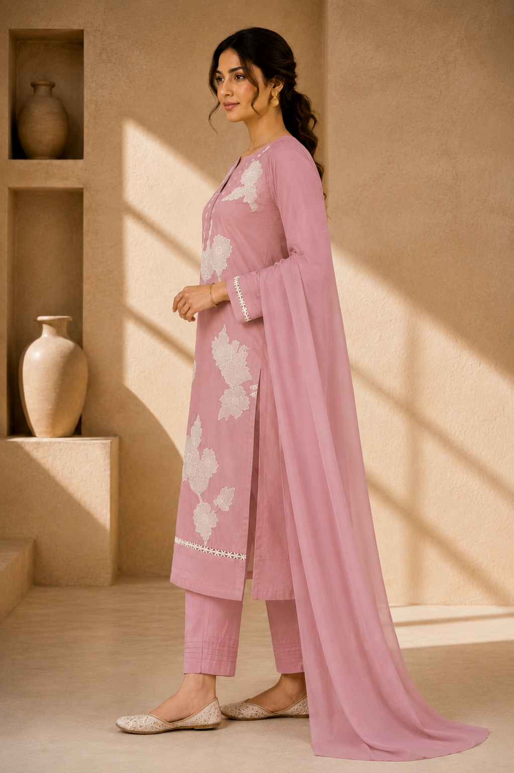 Pink Floral Embroidered Straight Suit Set with Dupatta