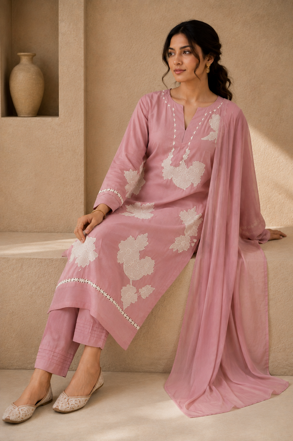 Pink Floral Embroidered Straight Suit Set with Dupatta