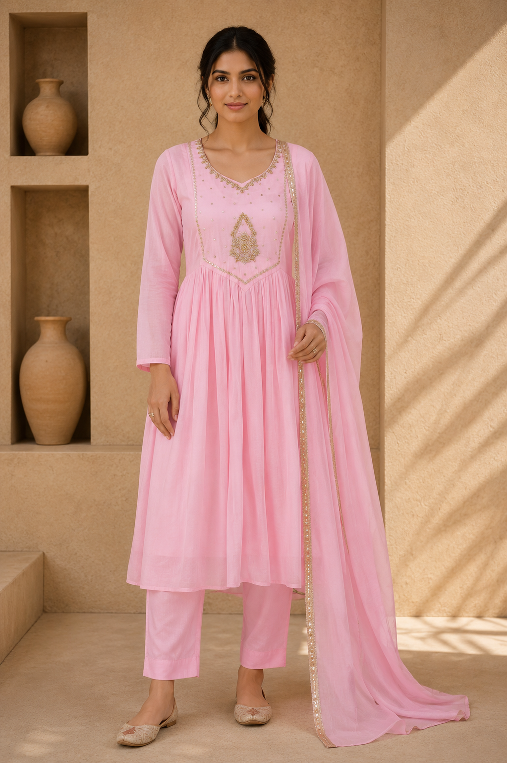 Blush Pink Embroidered Anarkali Suit Set with Dupatta