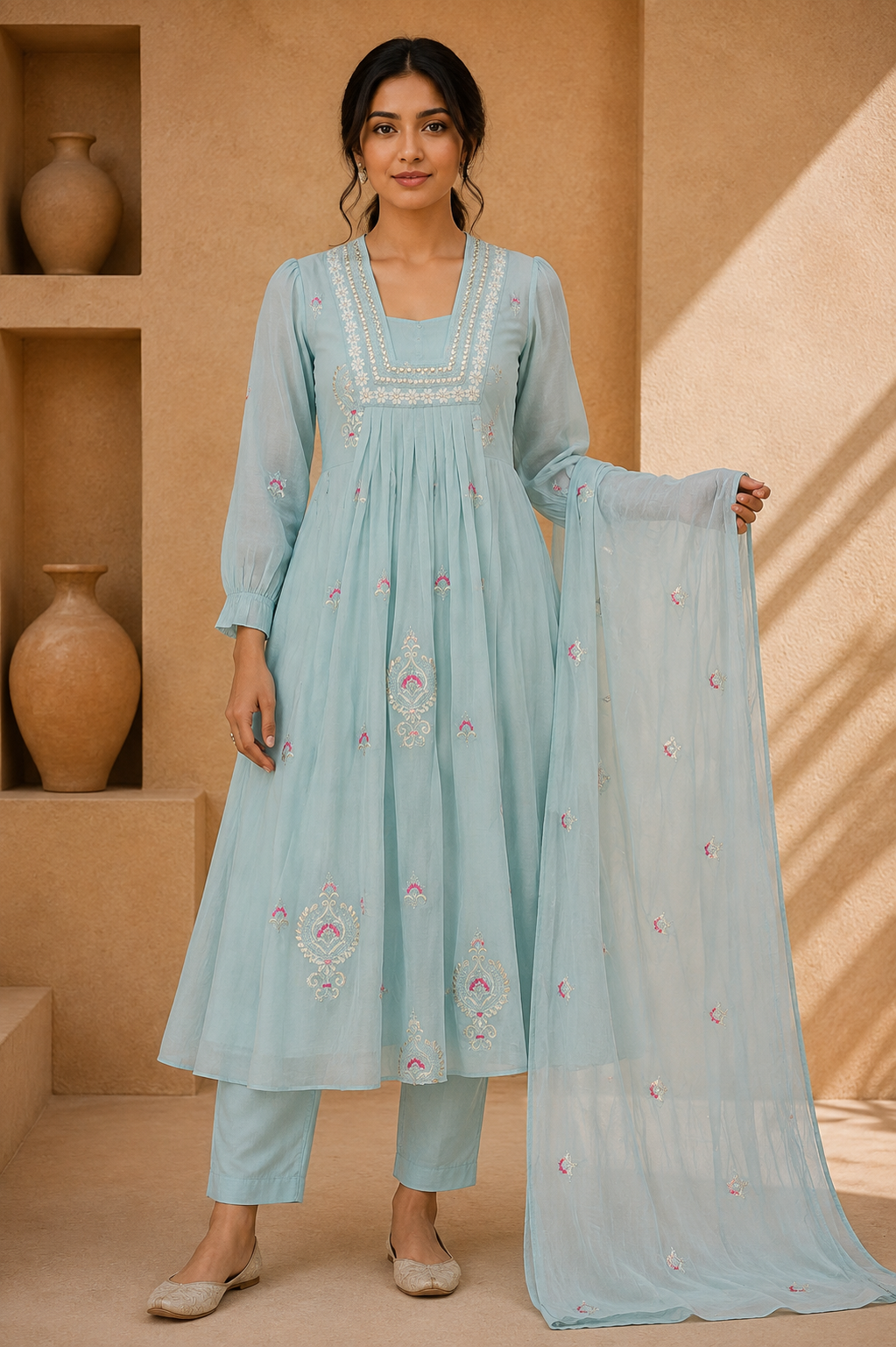 Powder Blue Embroidered Anarkali Suit Set with Dupatta