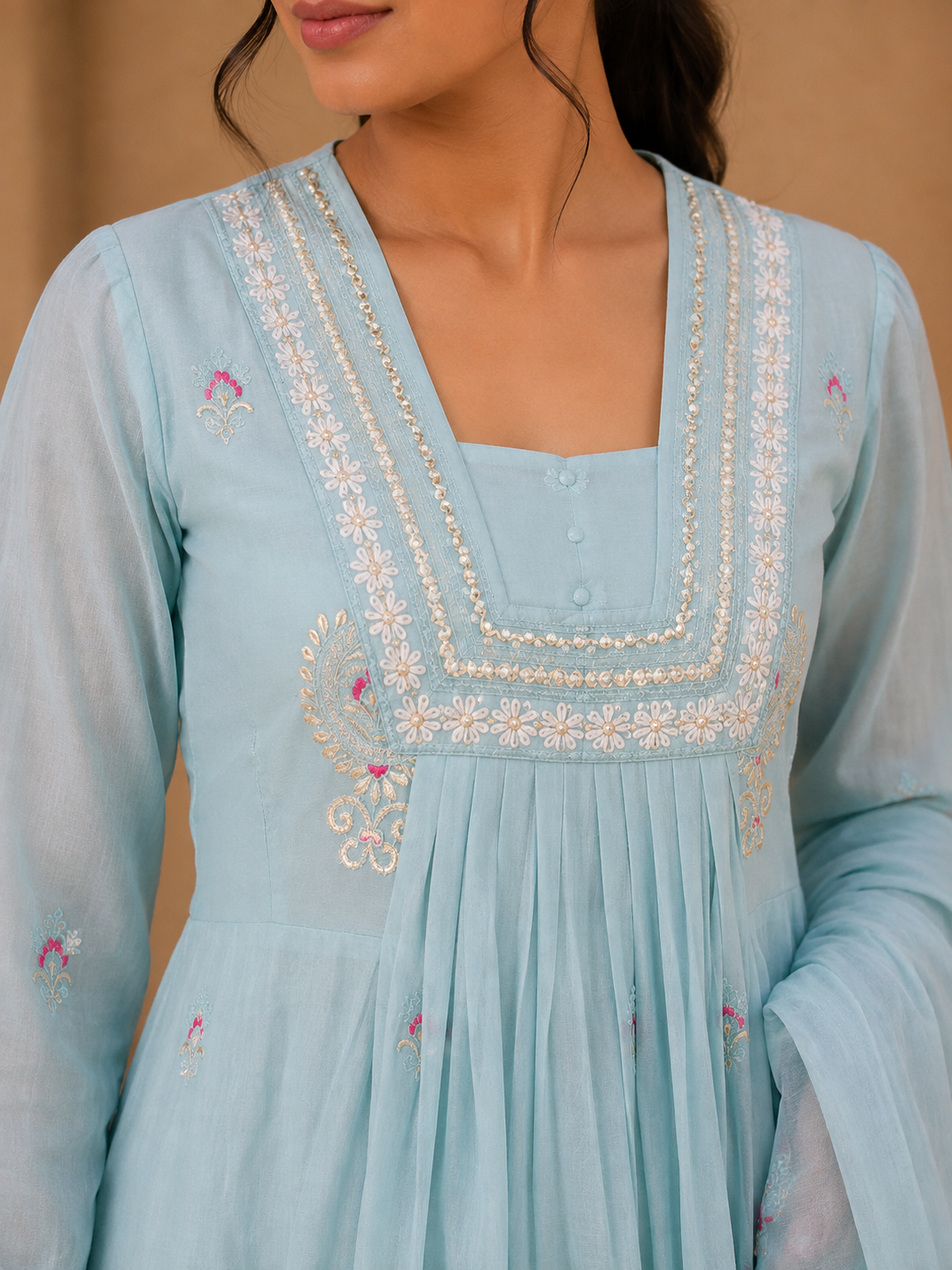 Powder Blue Embroidered Anarkali Suit Set with Dupatta