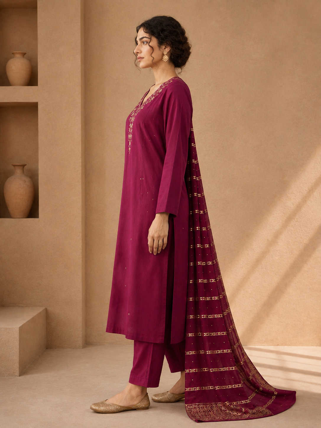 Wine Embroidered Straight Kurta Set with Gold-Detail Dupatta
