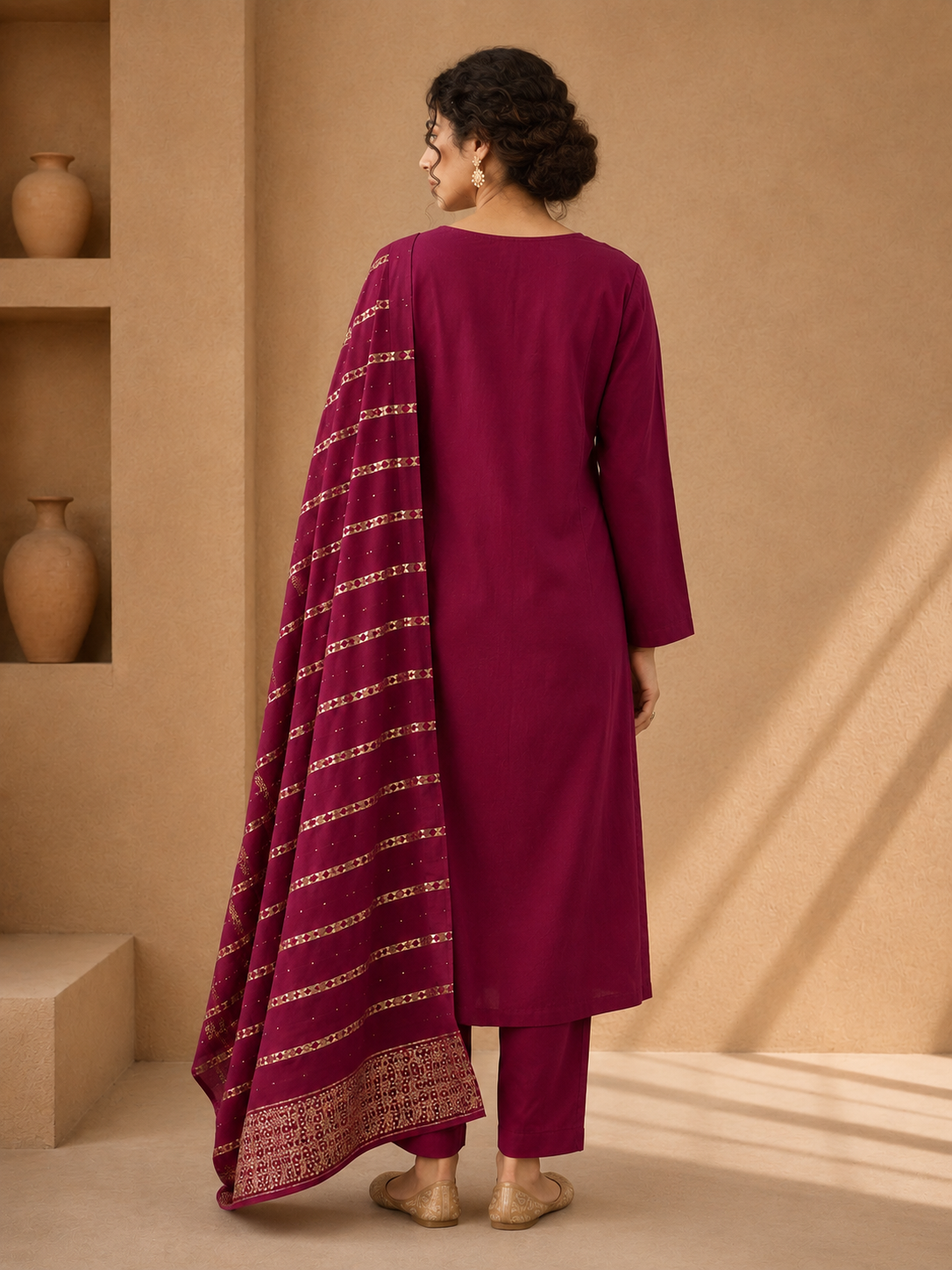 Wine Embroidered Straight Kurta Set with Gold-Detail Dupatta