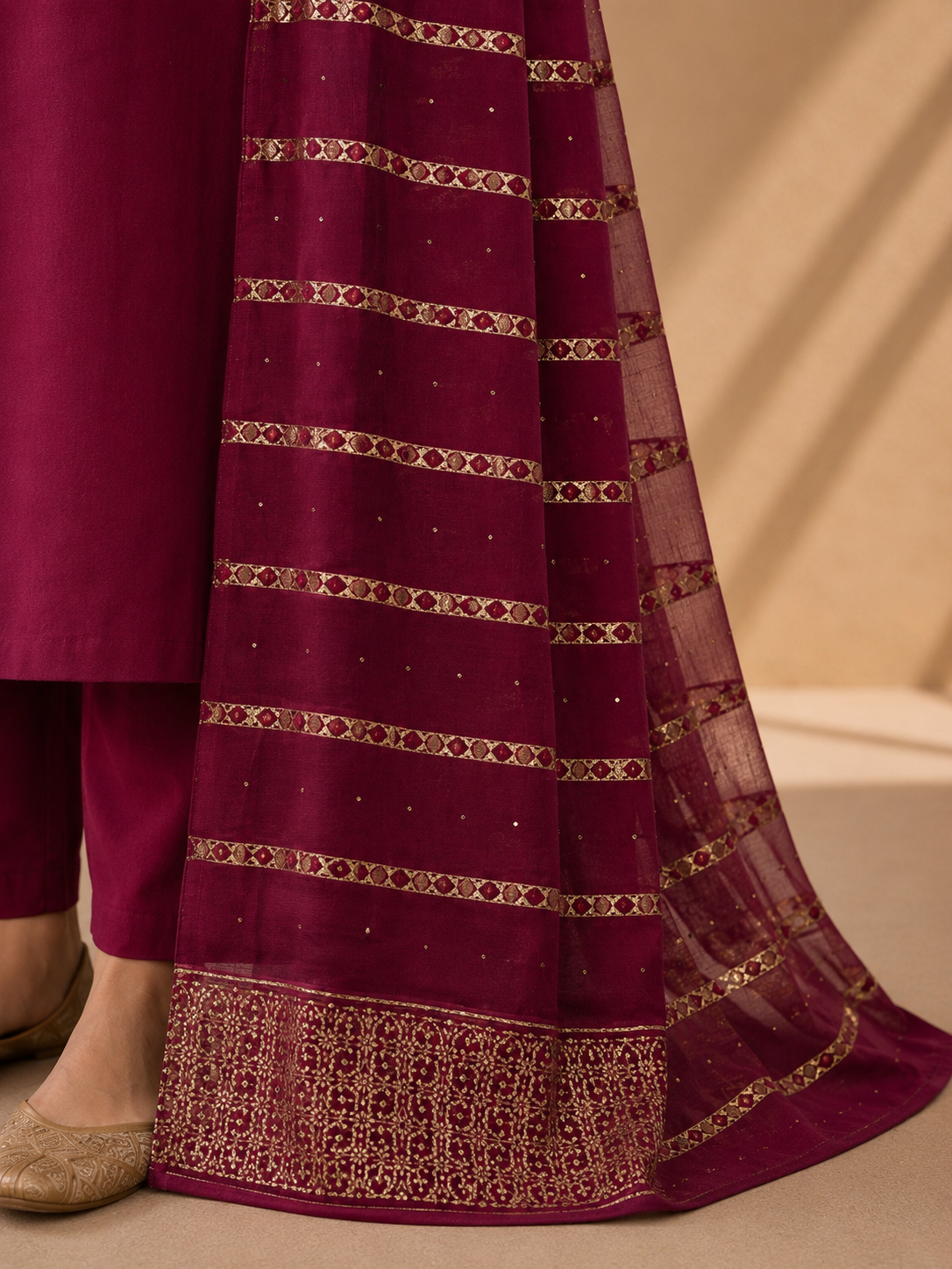 Wine Embroidered Straight Kurta Set with Gold-Detail Dupatta