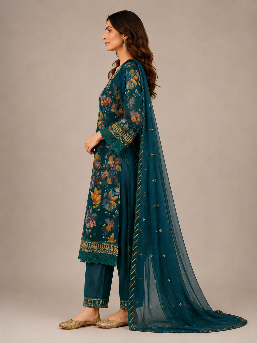 Teal Floral Printed Kurta Set with Embroidered Lace Detailing & Dupatta