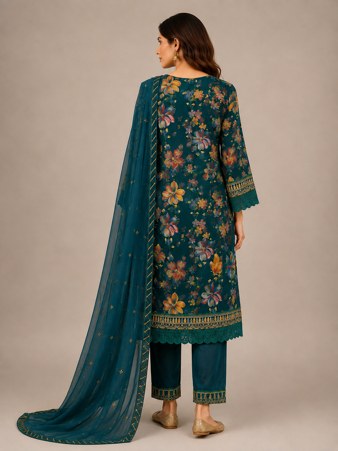 Teal Floral Printed Kurta Set with Embroidered Lace Detailing & Dupatta