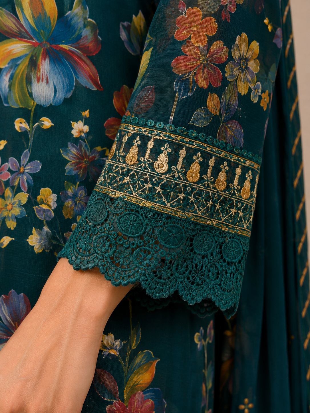 Teal Floral Printed Kurta Set with Embroidered Lace Detailing & Dupatta