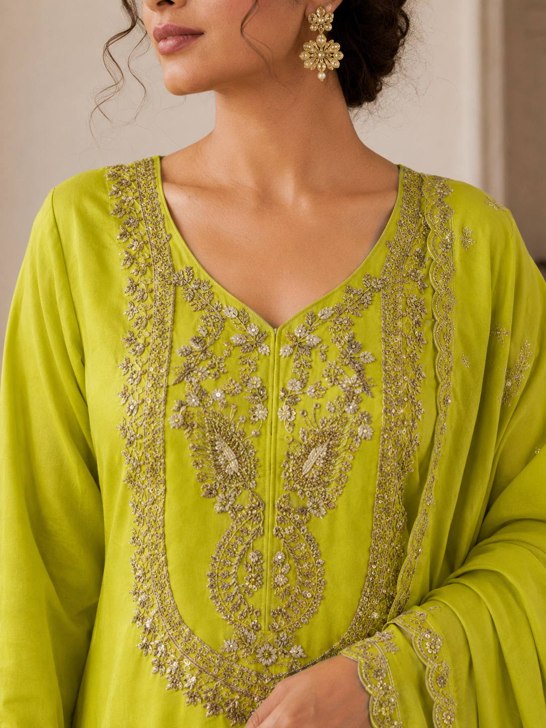 Lime Green Embroidered Kurta Set with Dupatta