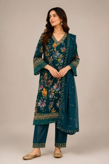 Teal Floral Printed Kurta Set with Embroidered Lace Detailing & Dupatta