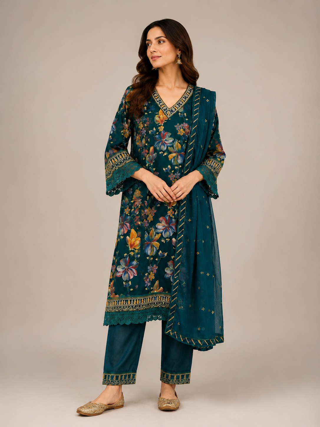 Teal Floral Printed Kurta Set with Embroidered Lace Detailing & Dupatta