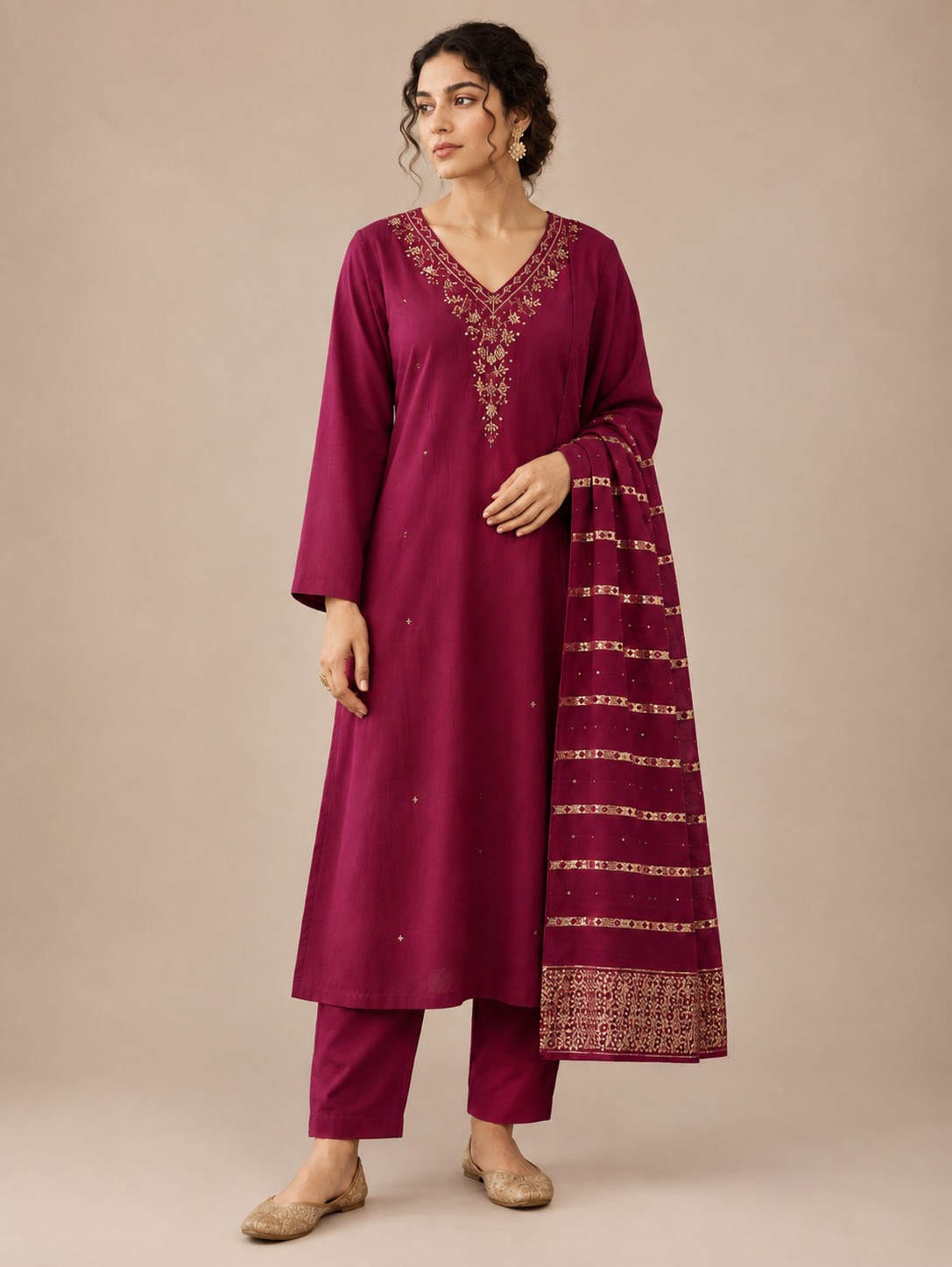 Wine Embroidered Straight Kurta Set with Gold-Detail Dupatta