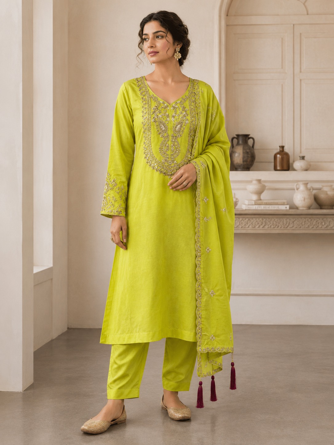 Lime Green Embroidered Kurta Set with Dupatta
