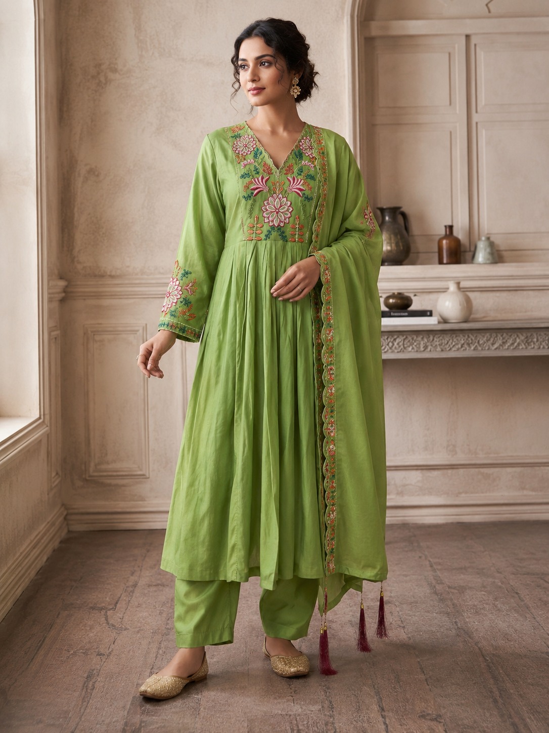 Pistachio Green Embroidered Anarkali Set with Dupatta