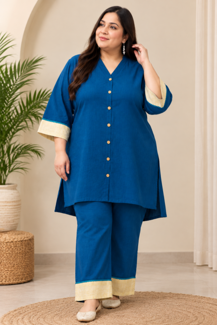 Womens Blue Cotton Kurta Pant Set with Golden Border